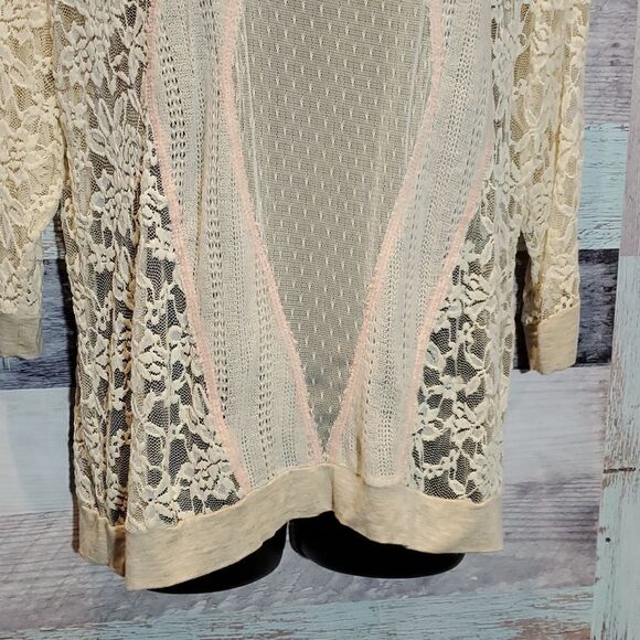Jolt Sheer Lace Cream Long Sleeve Blouse Patchwork Sz L - Picture 4 of 7